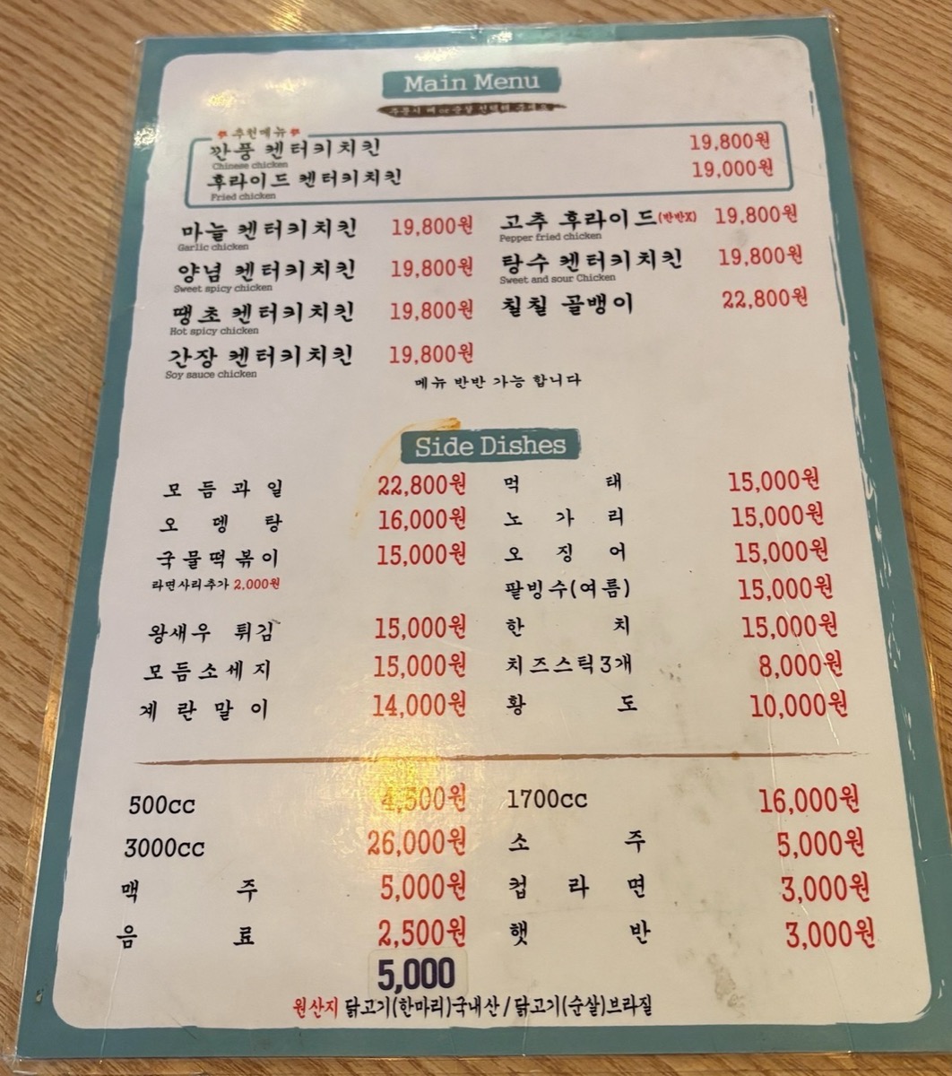 韓国語だけで書かれたチキン店のメニュー表。値段は数字で書かれている